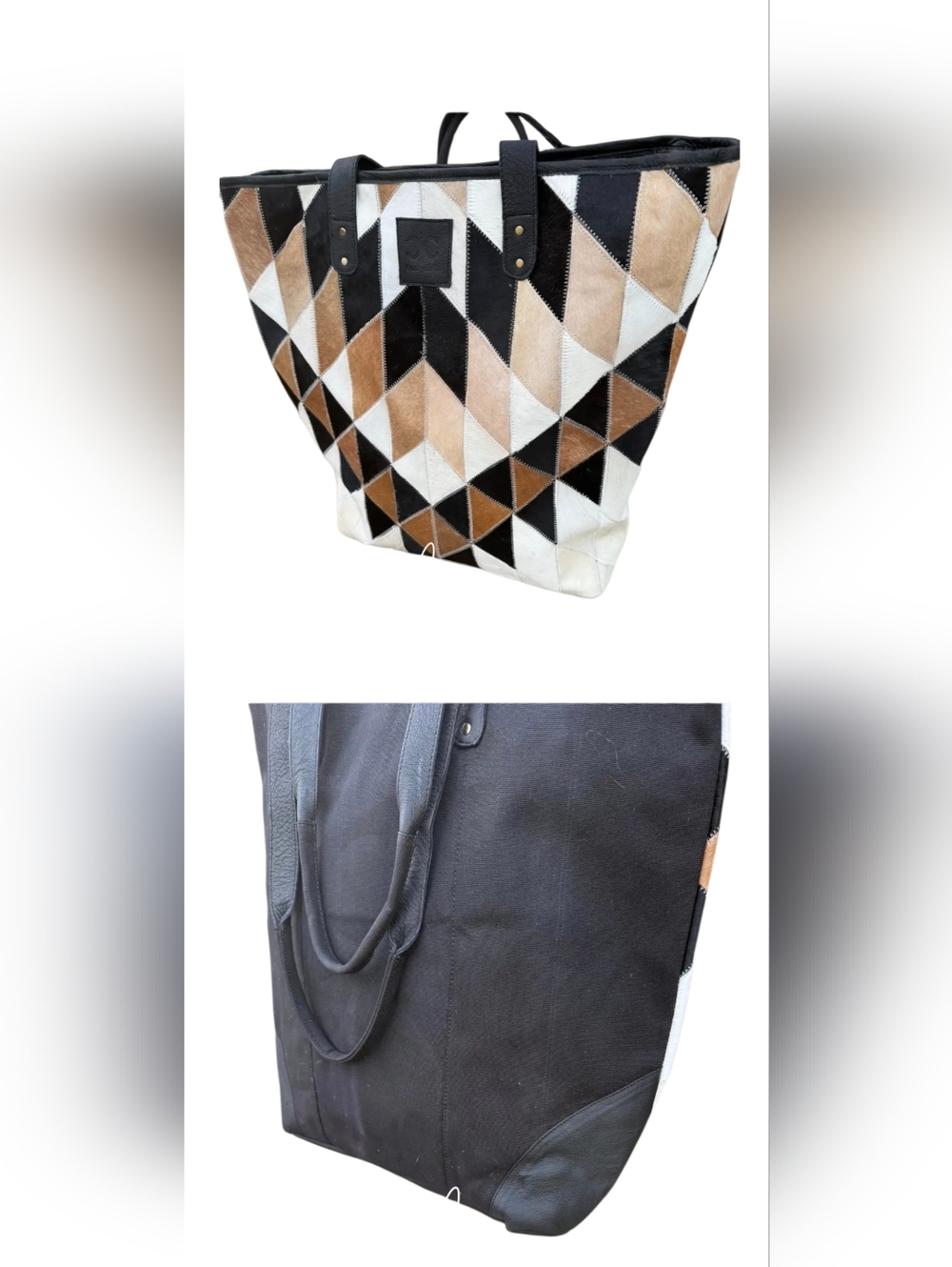 Geometric Leather Tote - Black, Brown, and White - Picture 6 of 6